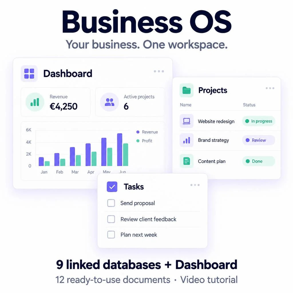 Business OS – dashboard, projects and tasks illustrative preview